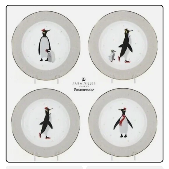 Portmeirion London NWT Sarah Miller 4  Christmas Penguins Plates & 1 Cake Plate - Picture 9 of 11